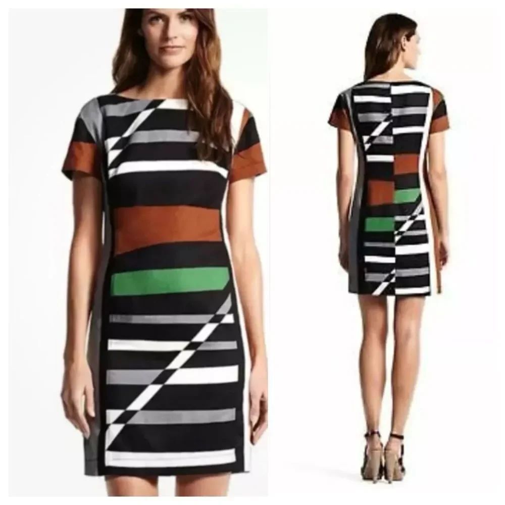 NWOT Derek Lam Abstract Short Sleeve Striped Black and Multicolor Mini Dress 14
